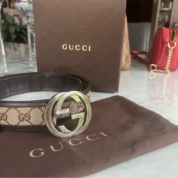 Authentic ✨Vintage Gucci GG Canvas & Brown Leather Interlocking G Belt 90/36 - Picture 3 of 11